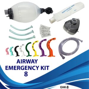 Airway Emergency Kit 8: 8 Sizes Berman OPA | 3 Pcs, NPA | 3 pcs Lubricating Jelly | 1 pcs Silicone Resuscitator + 1 Reservoir Bag
| 1 Oxygen Mask (Size 4) | 1 Oxygen Tubing