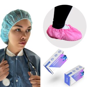 Medical Apparel Combo 1: 100 pcs 24", Blue Disposable Bouffant Cap | 100 pairs Pink Disposable Shoe Covers | 200 pairs Large size The Feather LITE Series Nitrile Gloves