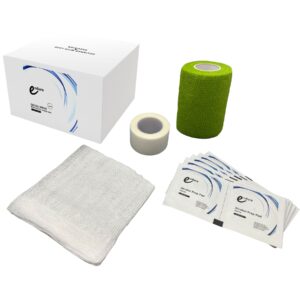 Essential Wound Care Kit 1: 100 pcs Non-sterile Gauze Swabs 4″x4″, 10 pcs Alcohol Prep Pads, 1 Roll White Paper Tape 1″ x 10 yd, 1 Roll Cohesive Bandage 3″ x 5 yd