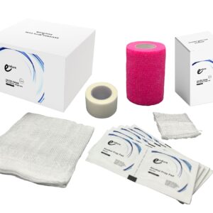 Essential Wound Care Kit 2: 100 pcs Non-sterile Non-Woven Sponges 4″x4″, 100 pcs Non-sterile Non-Woven Sponges 2″x2″, 10 pcs Alcohol Prep Pads, 1 Roll White Paper Tape 1″ x 10 yd, 1 Roll Cohesive Bandage 3″ x 5 yd