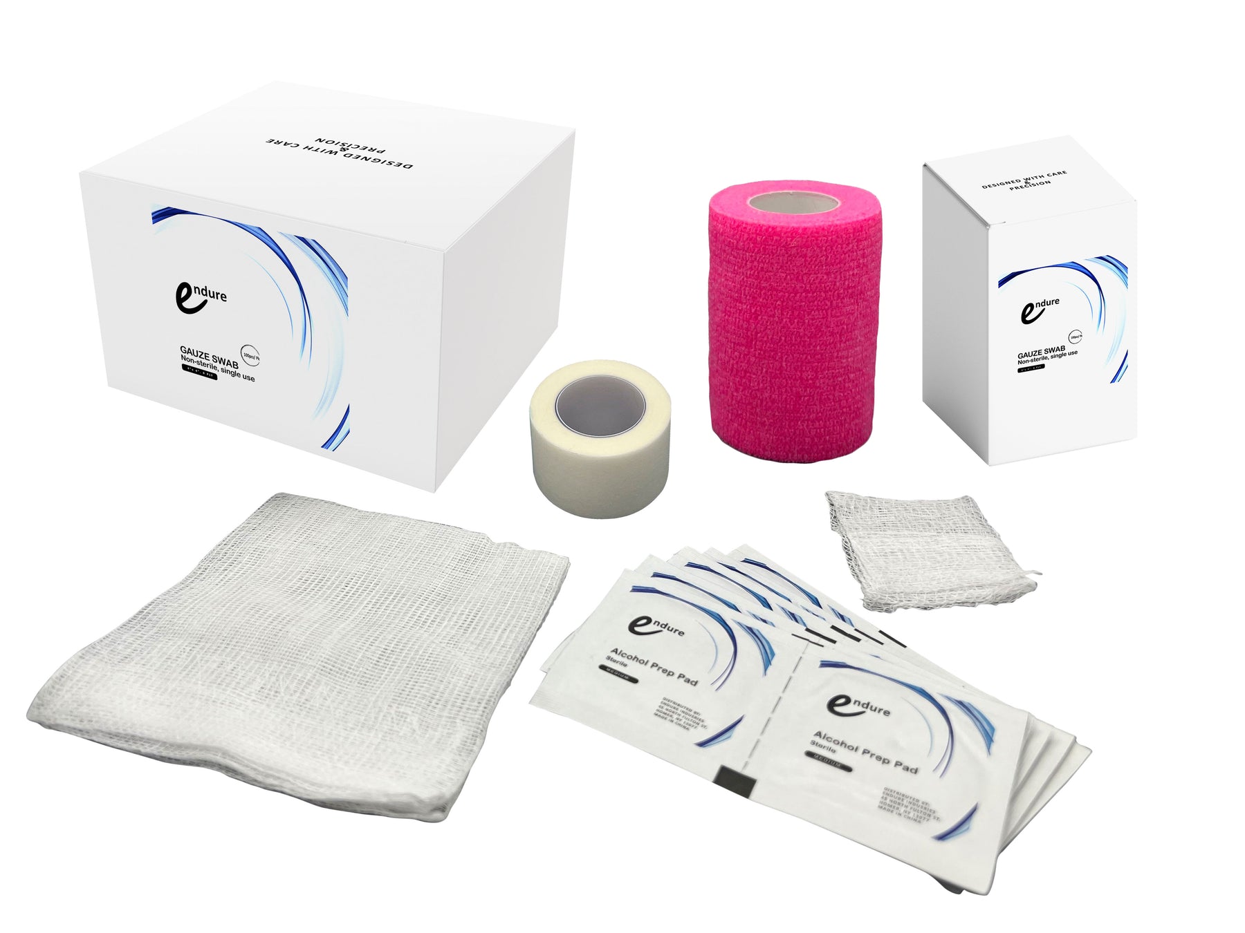 Essential Wound Care Kit 2: 100 pcs Non-sterile Non-Woven Sponges 4″x4″, 100 pcs Non-sterile Non-Woven Sponges 2″x2″, 10 pcs Alcohol Prep Pads, 1 Roll White Paper Tape 1″ x 10 yd, 1 Roll Cohesive Bandage 3″ x 5 yd