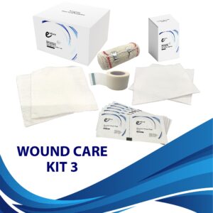 Essential Wound Care Kit 3: 100 pcs Non-sterile Non-Woven Sponges 4″x4″, 100 pcs Non-sterile Non-Woven Sponges 2″x2″, 10 pcs Alcohol Prep Pads, 1 Roll White Paper Tape 1″ x 10 yd, 1 Roll Red Thread Crepe Bandage 3″ x 5 yd