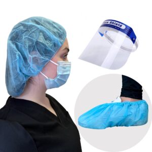 Medical Apparel Combo 2: 100 pcs 24", Blue Disposable Bouffant Cap | 100 pairs Blue Disposable Shoe Covers | 50 pcs Ear Loop Face Masks | 5 pcs Face Shields