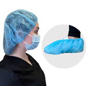 Medical Apparel Combo 3: 100 pcs 21", Blue Disposable Bouffant Cap | 100 pairs Blue Disposable Shoe Covers
