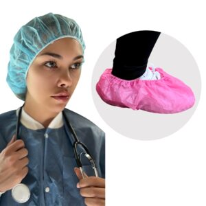 Medical Apparel Combo 4: 400 pcs 21", Blue Disposable Bouffant Cap | 400 pairs Pink Disposable Shoe Covers